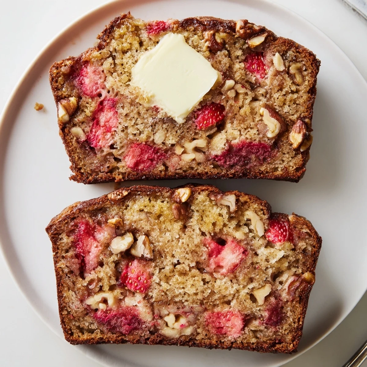 Slice of Strawberry Banana Bread Recipe on plate with honey drizzle, soft crumb.