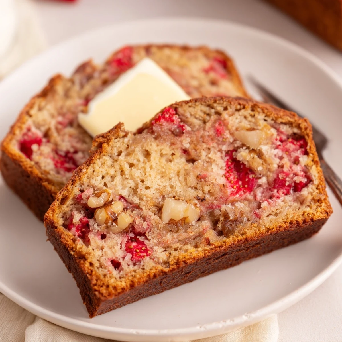 Freshly baked Strawberry Banana Bread Recipe cooling on rack, warm buttery aroma.