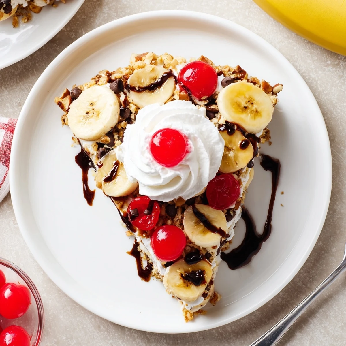 Banana Split Dump Cake golden-brown, sliced bananas, cherries, melting chocolate drizzle