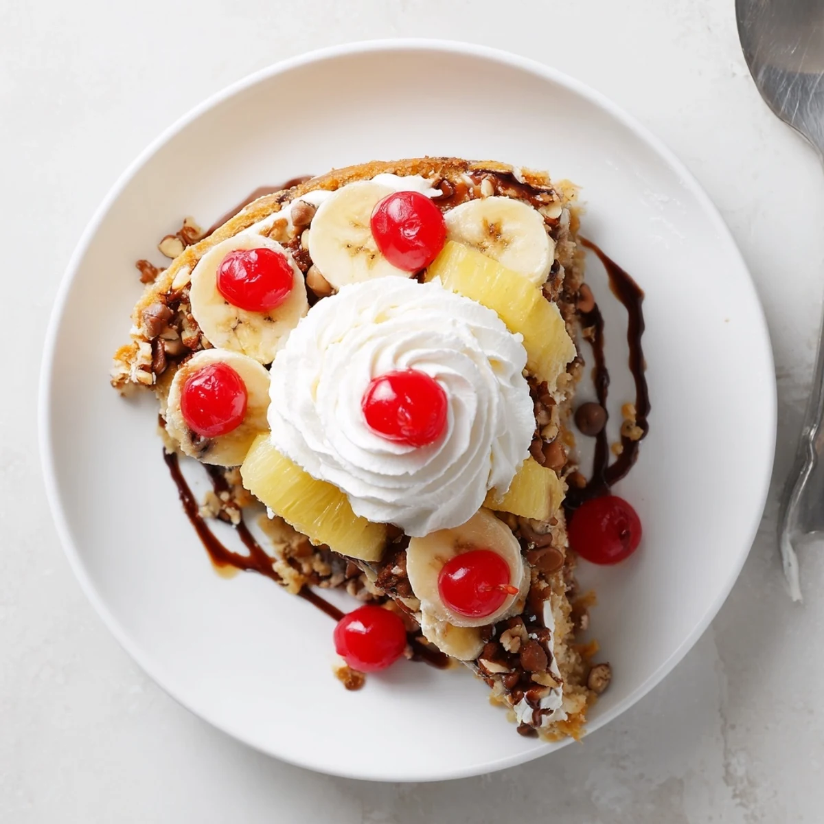 Warm Banana Split Dump Cake topped with whipped cream and extra cherries
