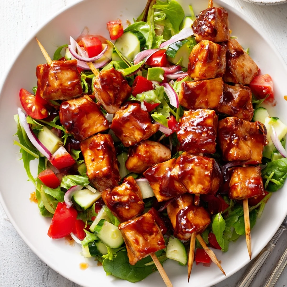 Grilled Bbq Chicken Skewer Salad Recipe served warm over avocado, lemon-dressed greens