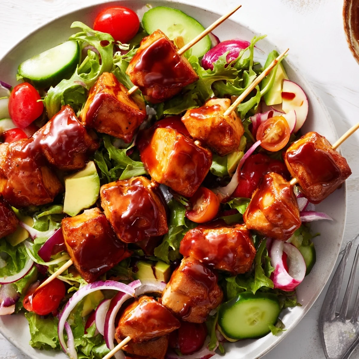 Bbq Chicken Skewer Salad Recipe with charred chicken, crisp greens, bright tomatoes