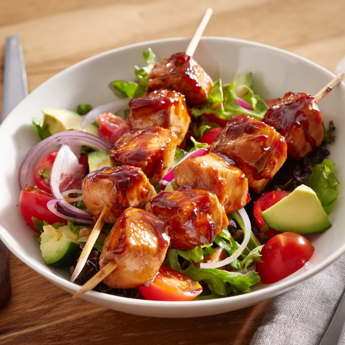 Weeknight Bbq Chicken Skewer Salad Recipe plated with tangy dressing and smoky aroma