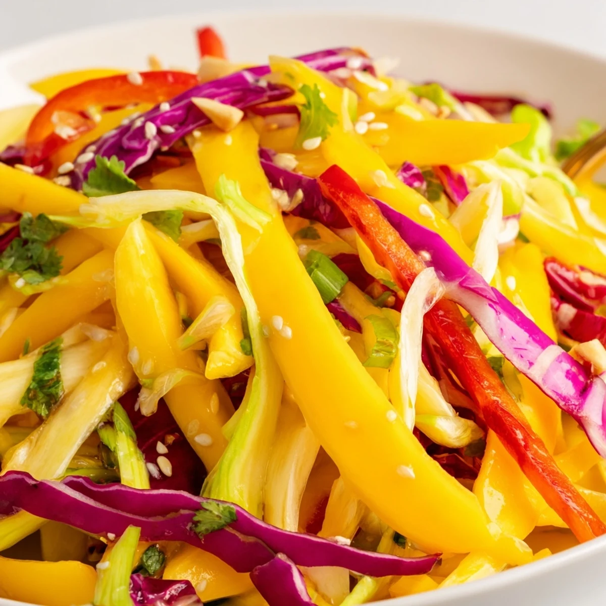 A bowl of Refreshing Mango Slaw Recipe piled with cilantro, toasted sesame, tangy lime