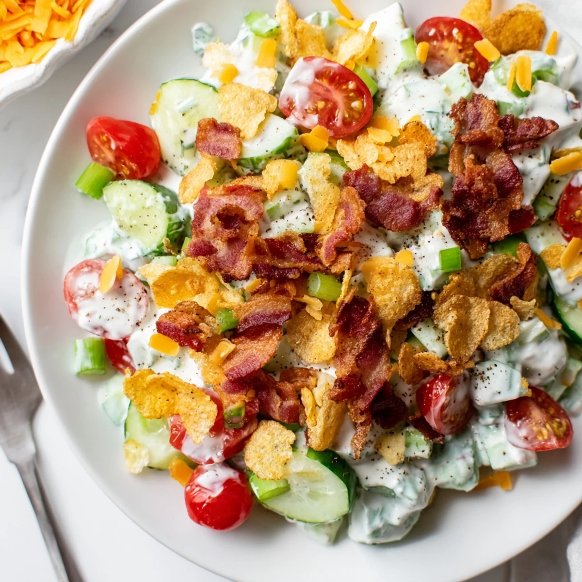 Serve Cucumber Ranch Crack Salad Recipe chilled with crunchy bacon and creamy ranch