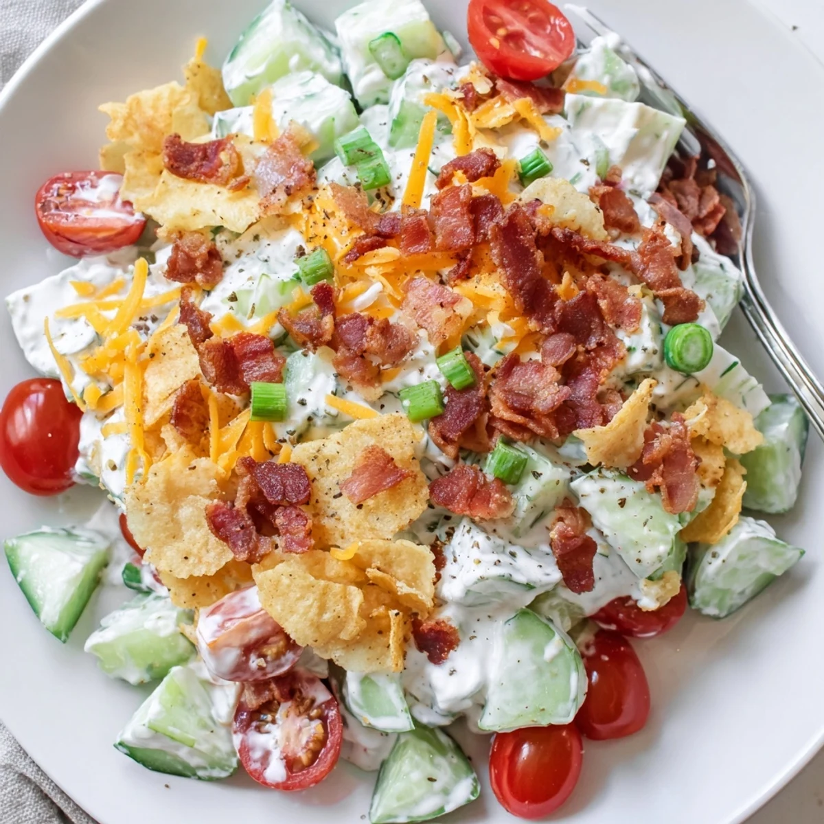 Homestyle Cucumber Ranch Crack Salad Recipe: crisp cucumbers, cherry tomatoes, kettle-chip crunch