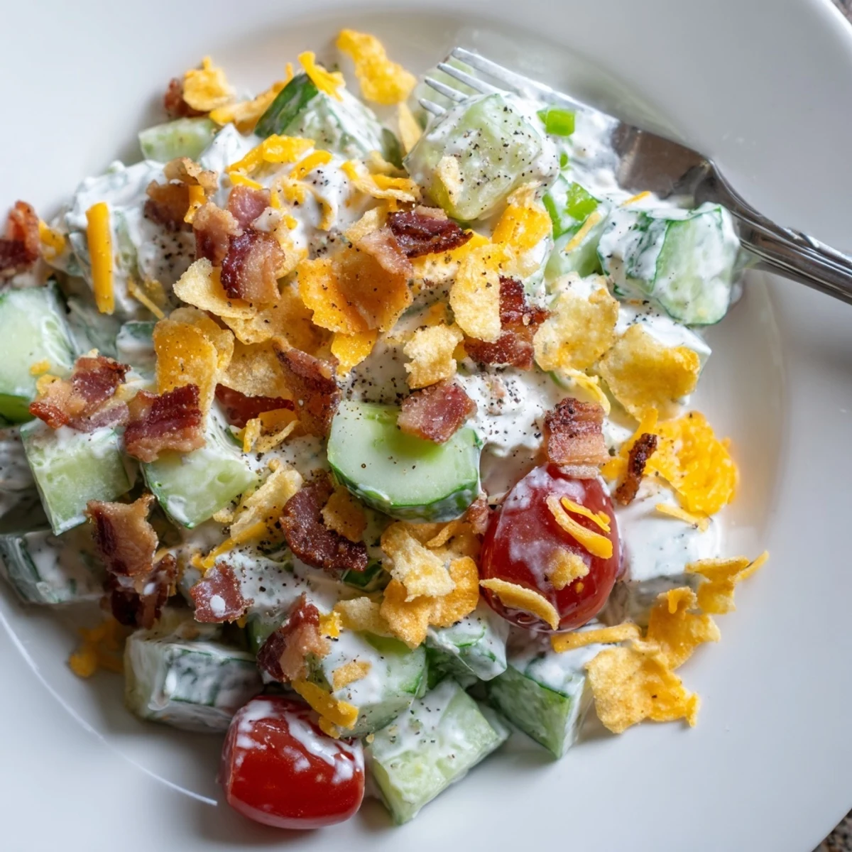 Cucumber Ranch Crack Salad Recipe tossed with smoky bacon, sharp cheddar, bright green onions