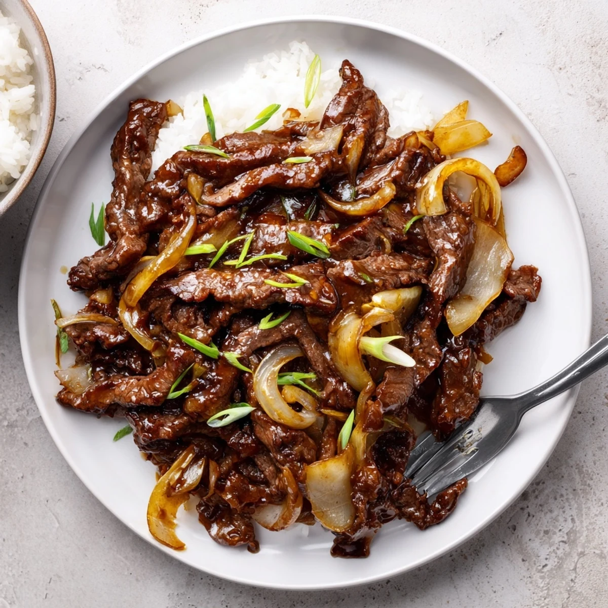 Crispy Beef and Onion Stir Fry topped with sliced spring onions, savory sauce.