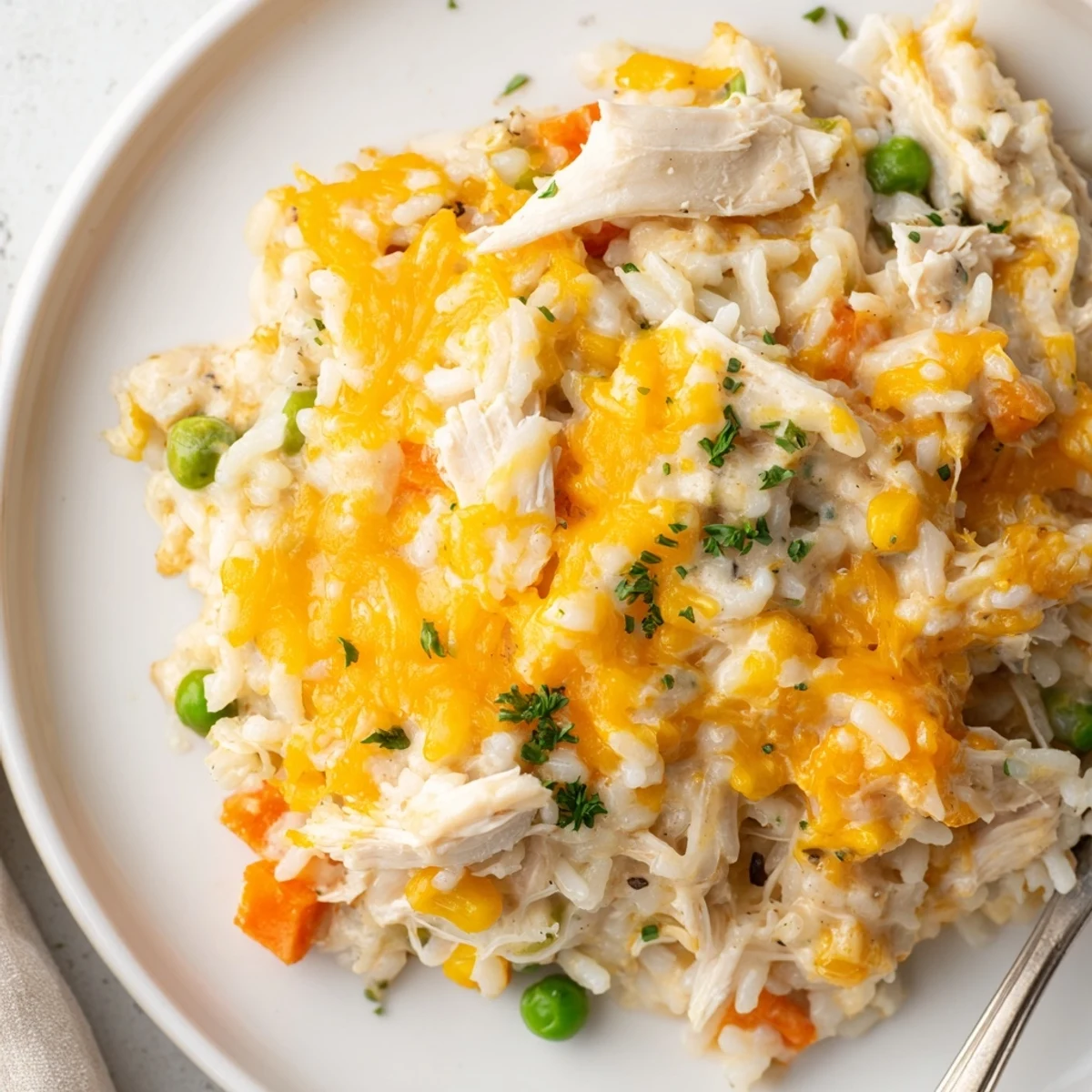 Creamy Chicken And Rice Casserole Bake With Cheese Delight bubbling golden crust