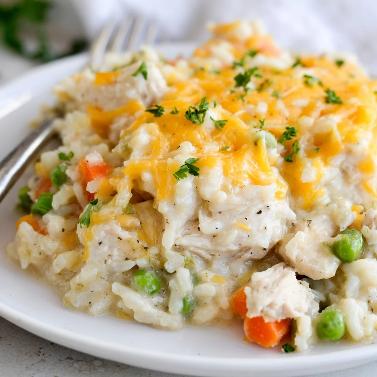 Warm Creamy Chicken And Rice Casserole Bake With Cheese Delight, tender chicken scooped