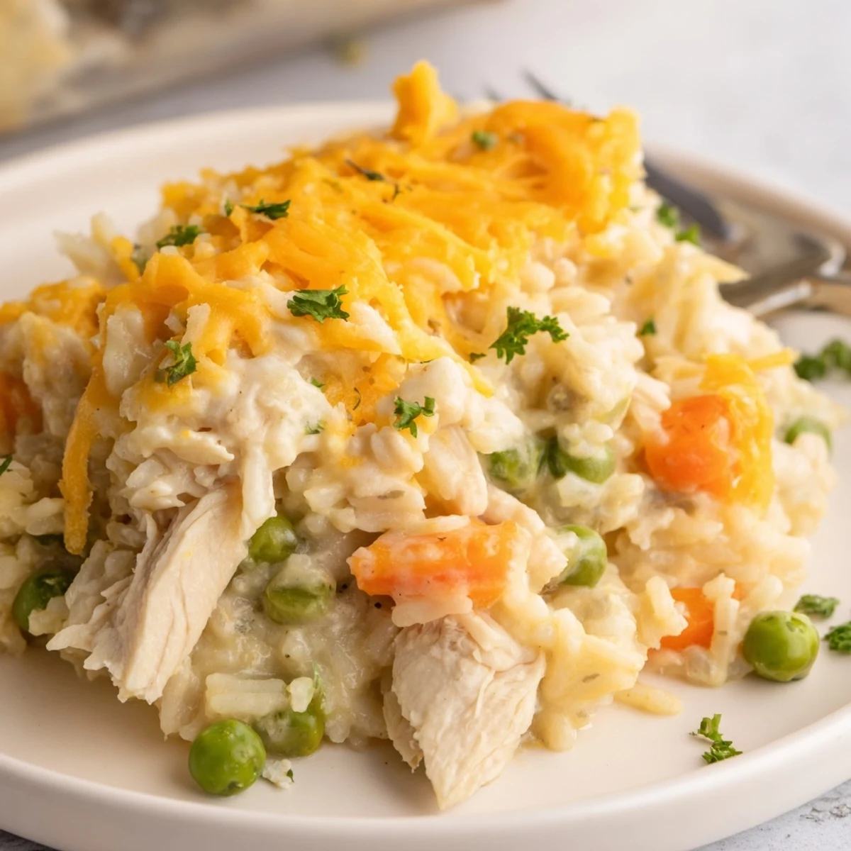 Hot from the oven Creamy Chicken And Rice Casserole Bake With Cheese Delight, parsley
