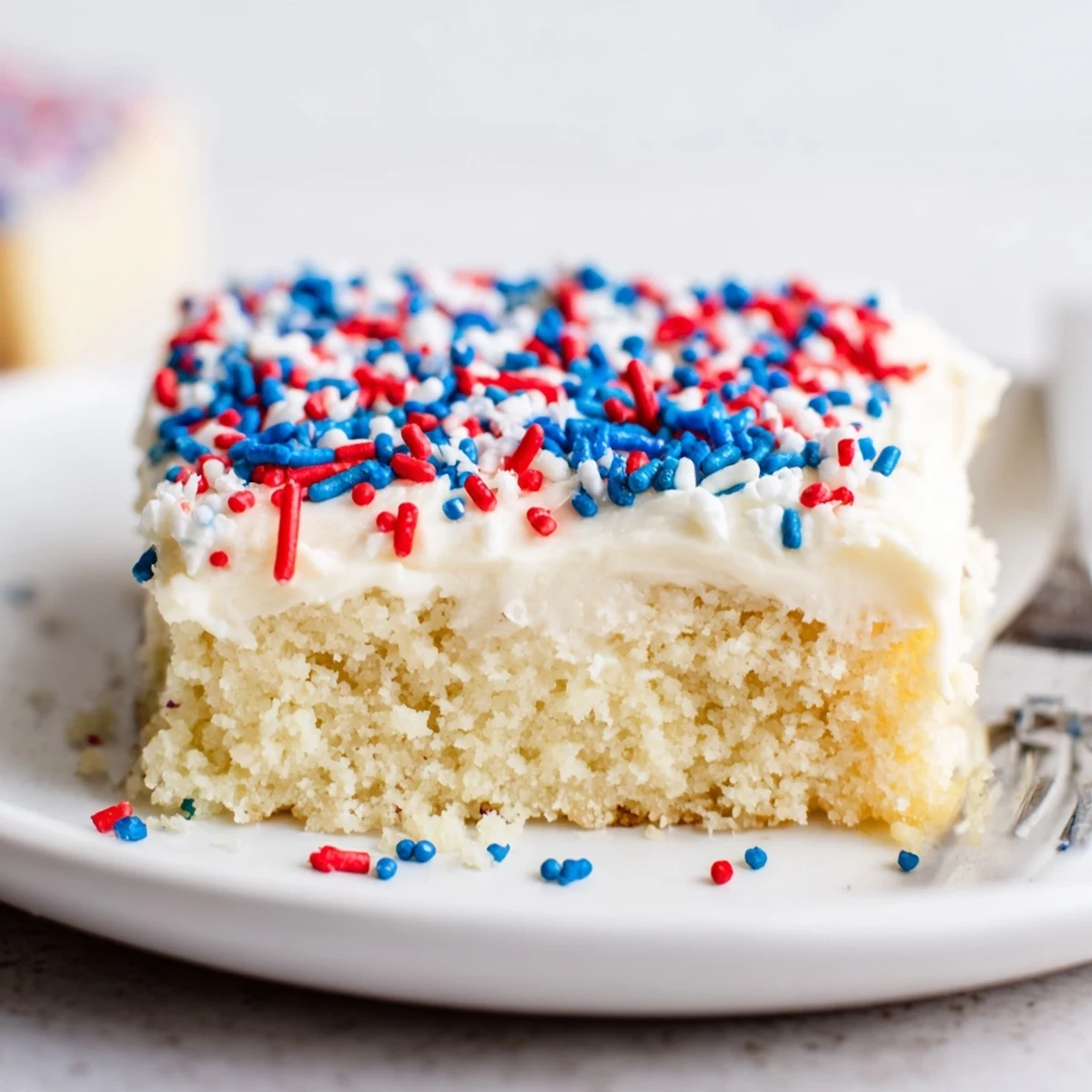Tray of 4th Of July Sugar Cookie Bars Recipe, cut into squares, patriotic sprinkles.