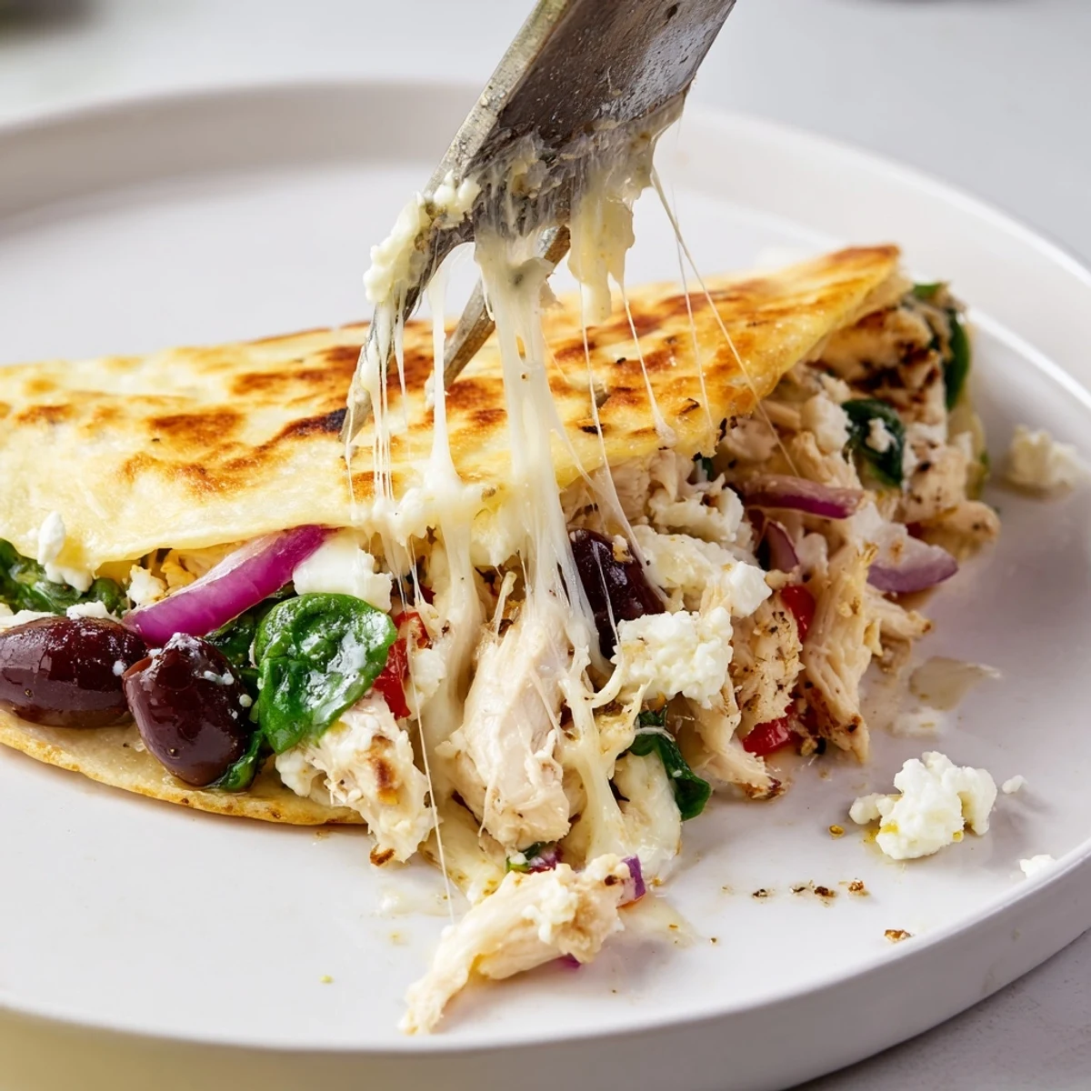 Golden, crispy Greek Chicken Quesadillas filled with melty cheese and spinach