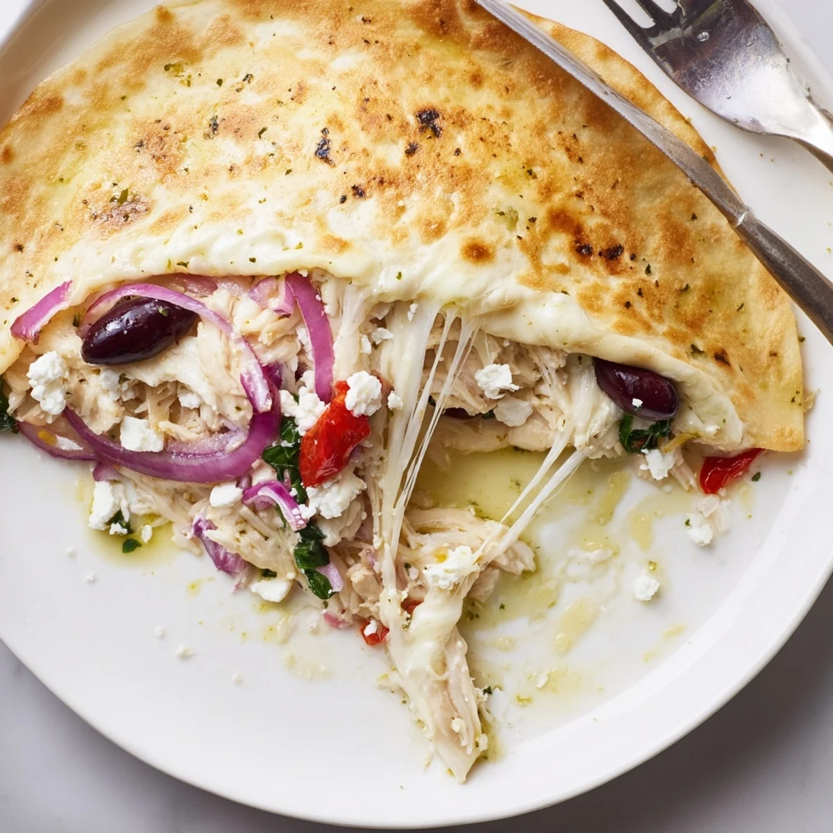 Skillet-toasted Greek Chicken Quesadillas sliced into wedges with tzatziki