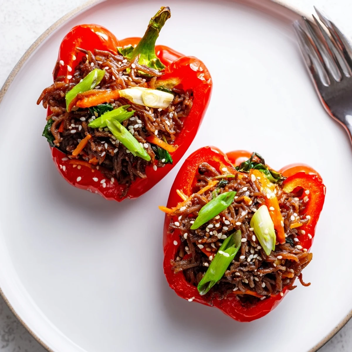 Sliced cross-section of Korean Beef Bulgogi Stuffed Bell Peppers With Rice Delight, sesame-kissed.