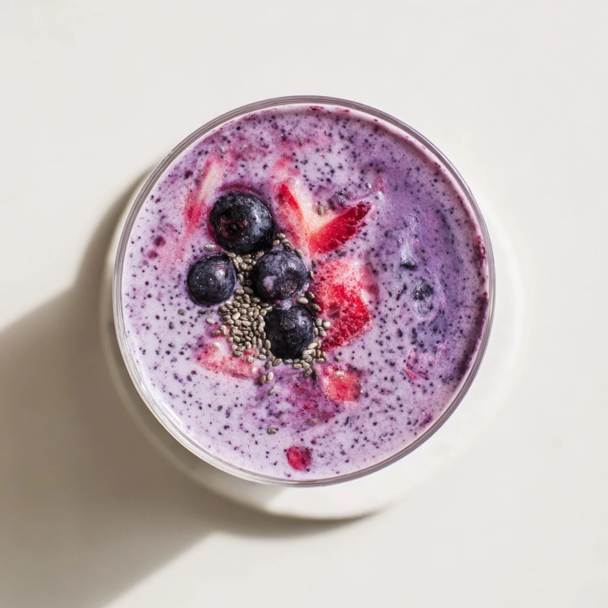 Creamy chia seed smoothie topped with fresh berries in a clear glass
