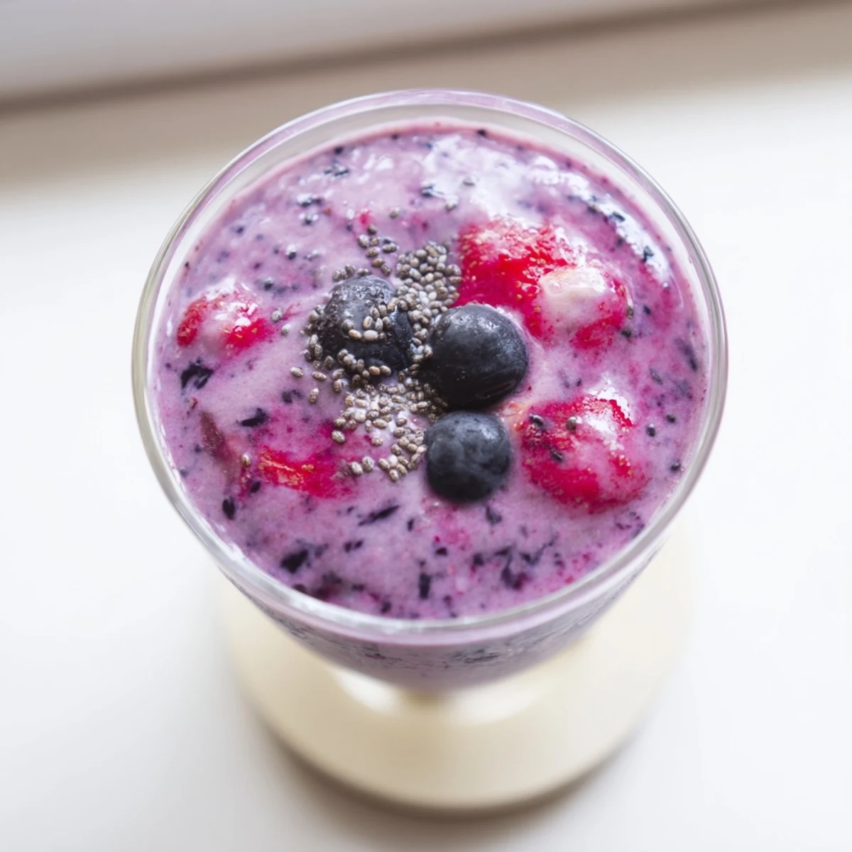 Thick purple chia seed smoothie blended with banana and mixed berries