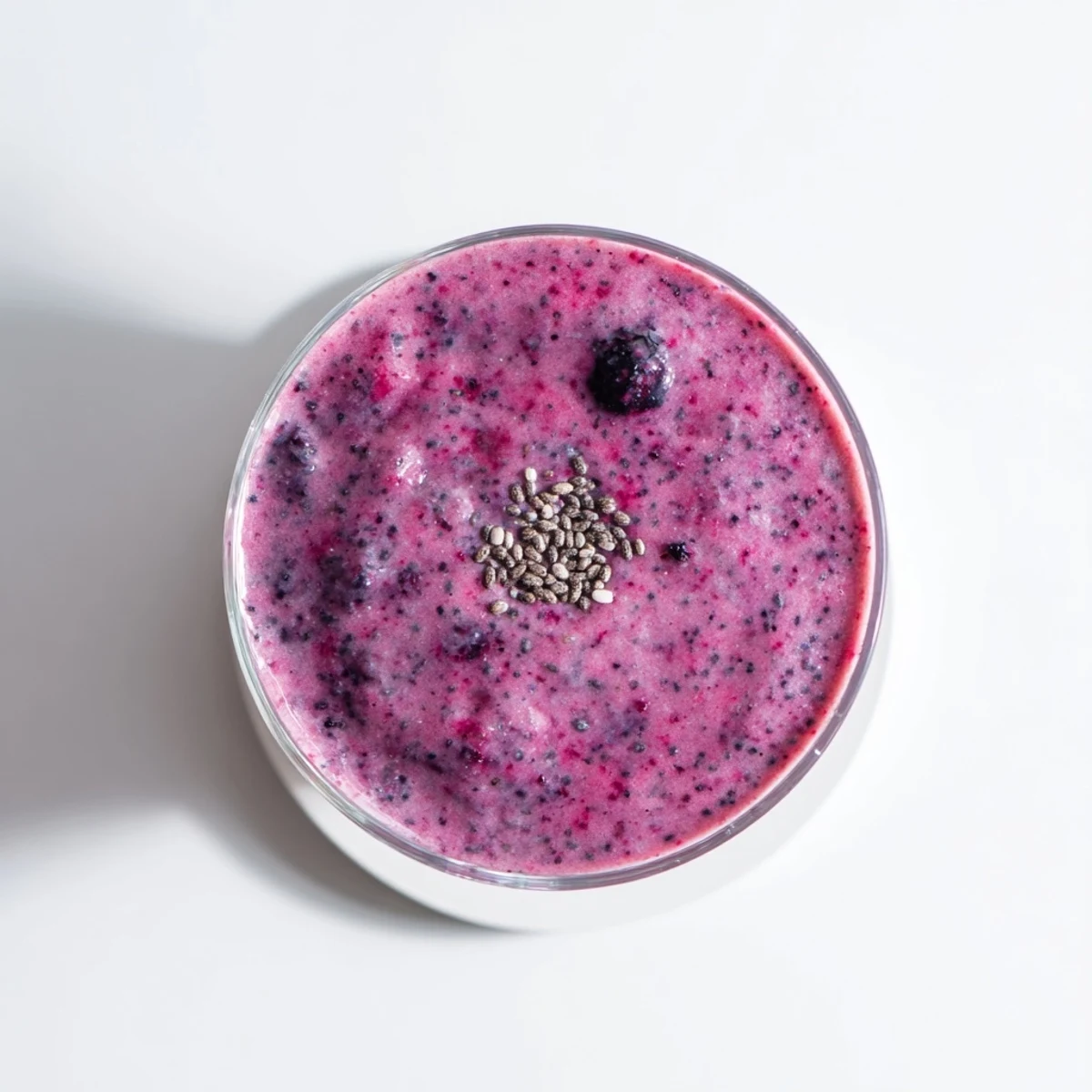 Glass of refreshing chia seed smoothie with visible floating seeds and fruit