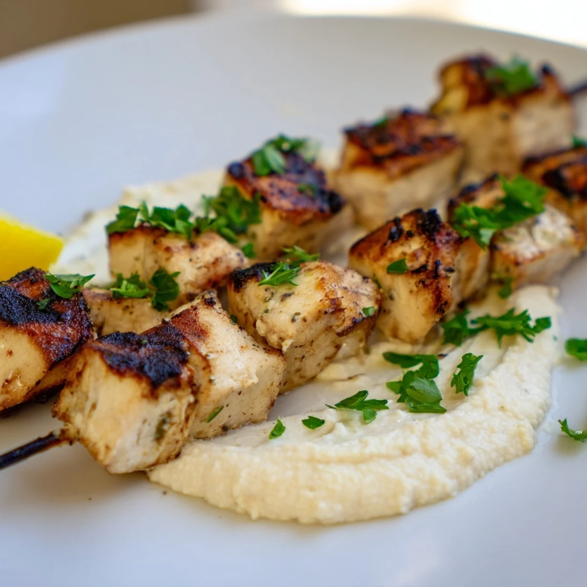 Golden grilled Mediterranean chicken skewers plated over creamy homemade hummus with fresh parsley garnish