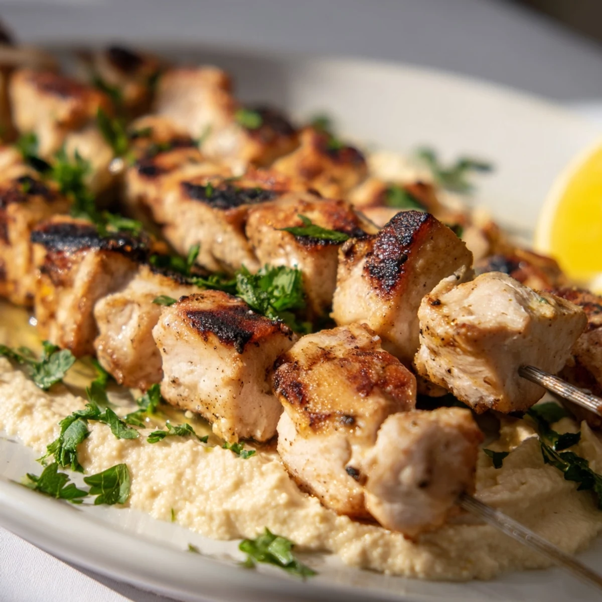 Tender lemon garlic chicken threaded on skewers, served atop smooth tahini hummus spread for dinner