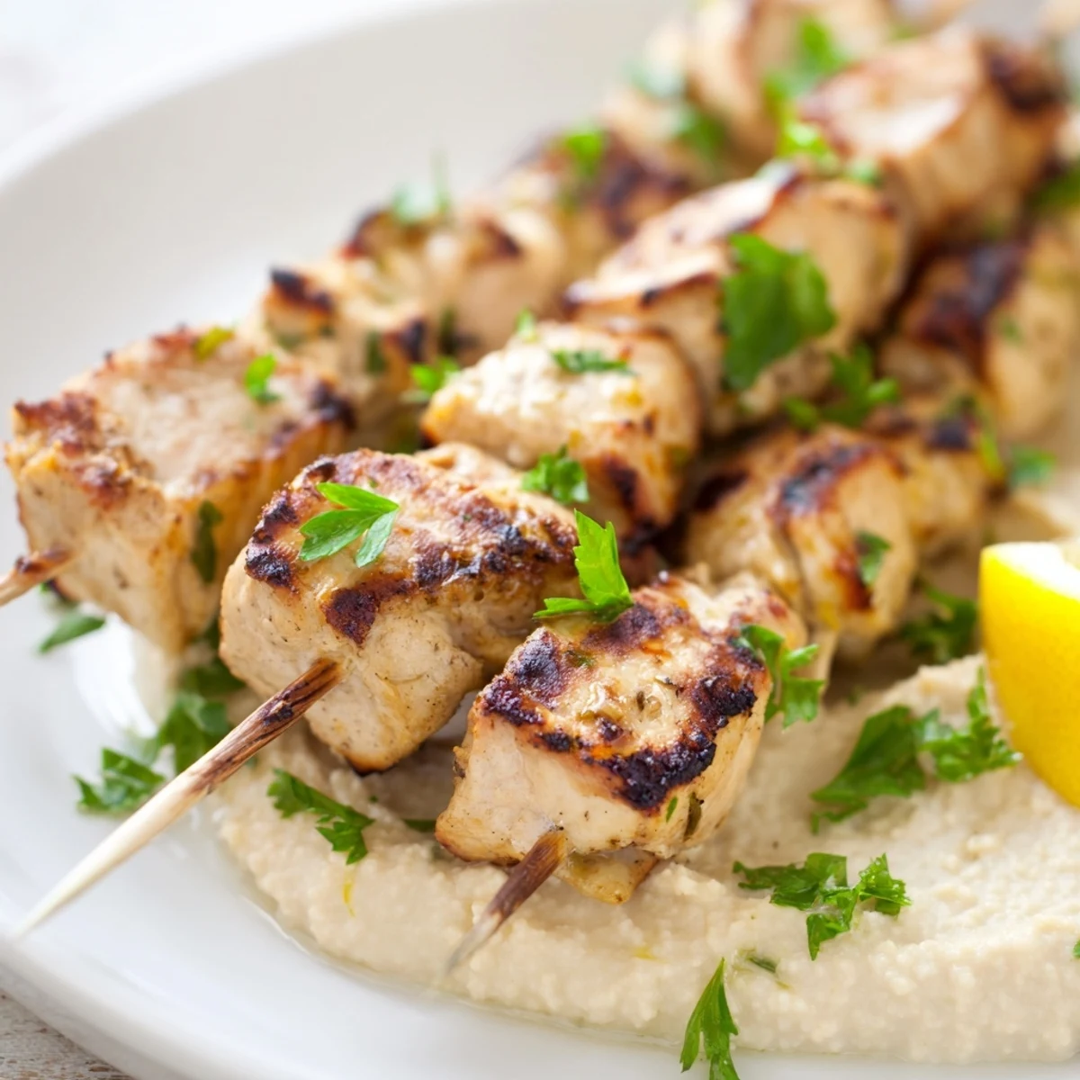 Charred marinated chicken kebabs arranged on platter with classic hummus dip and lemon wedge garnish