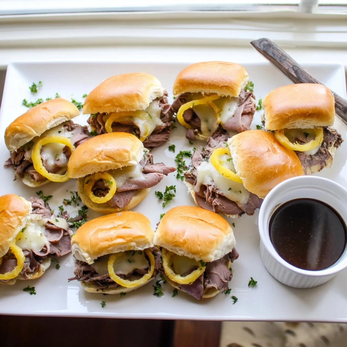 Golden French dip sliders stacked with tender roast beef and melted provolone cheese on toasted brioche rolls