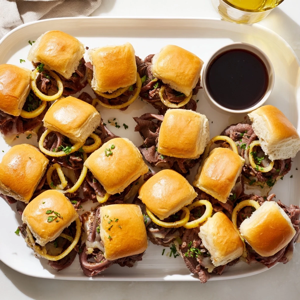 Savory French dip sliders featuring caramelized onions and juicy beef served in rich au jus for dipping
