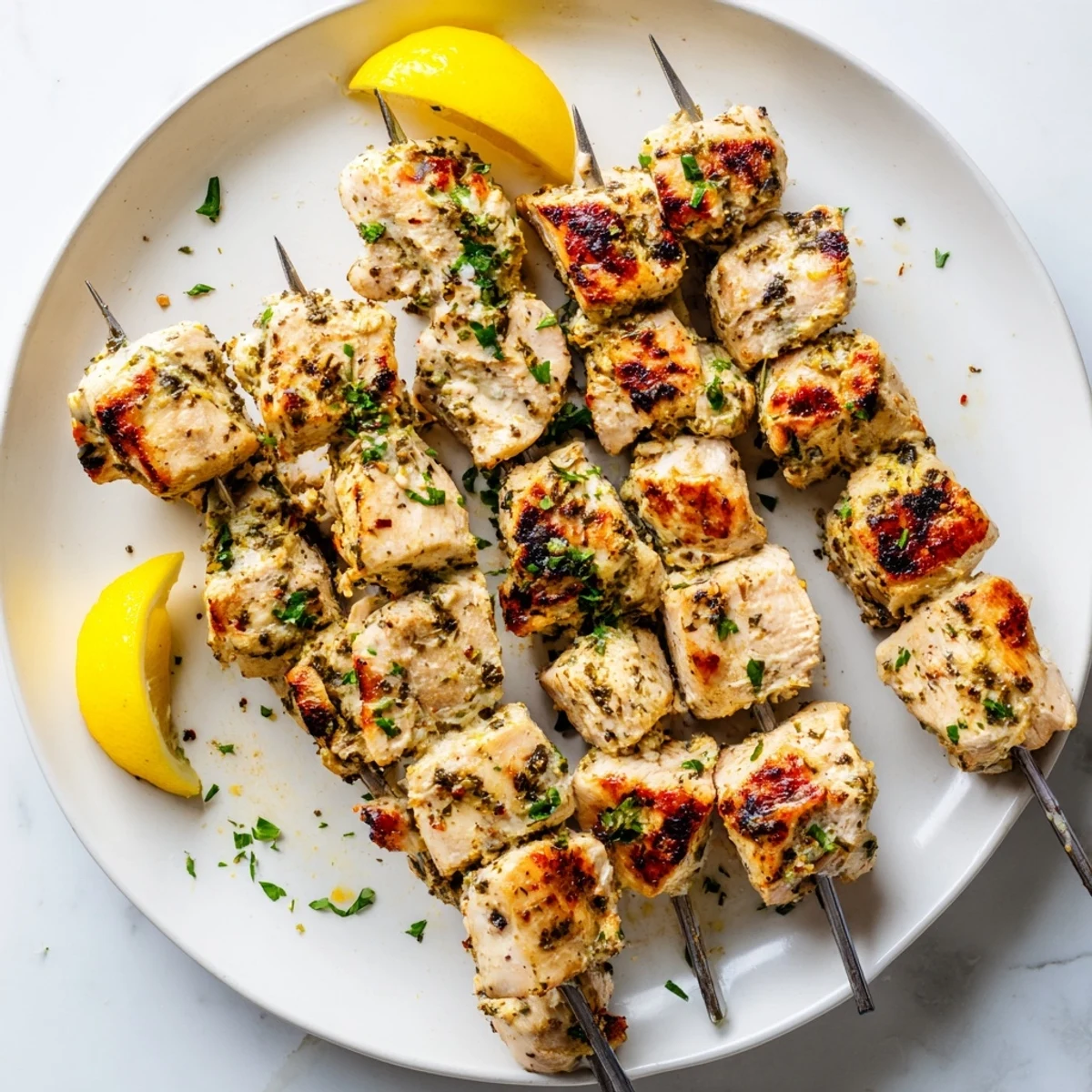 Golden grilled Greek yogurt marinated chicken skewers with charred edges and fresh herbs