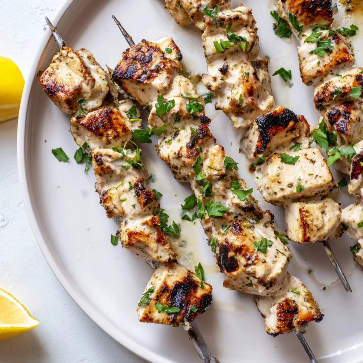 Tender juicy chicken pieces threaded on skewers after marinating in creamy seasoned Greek yogurt