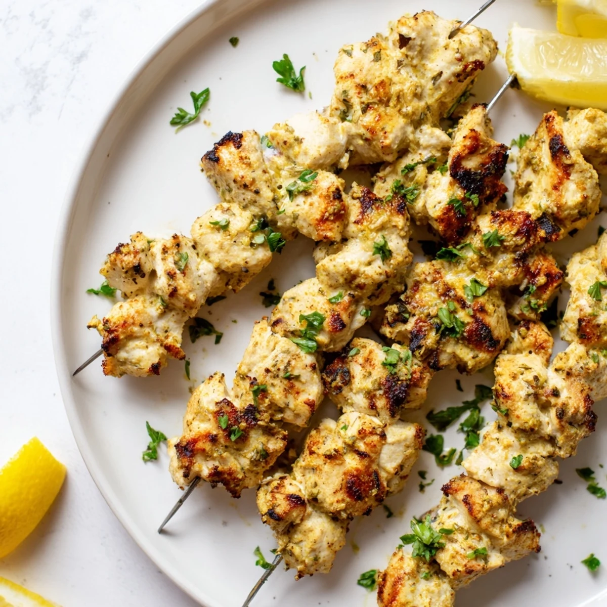 Perfectly grilled chicken skewers featuring a creamy Greek yogurt herb marinade with light char marks