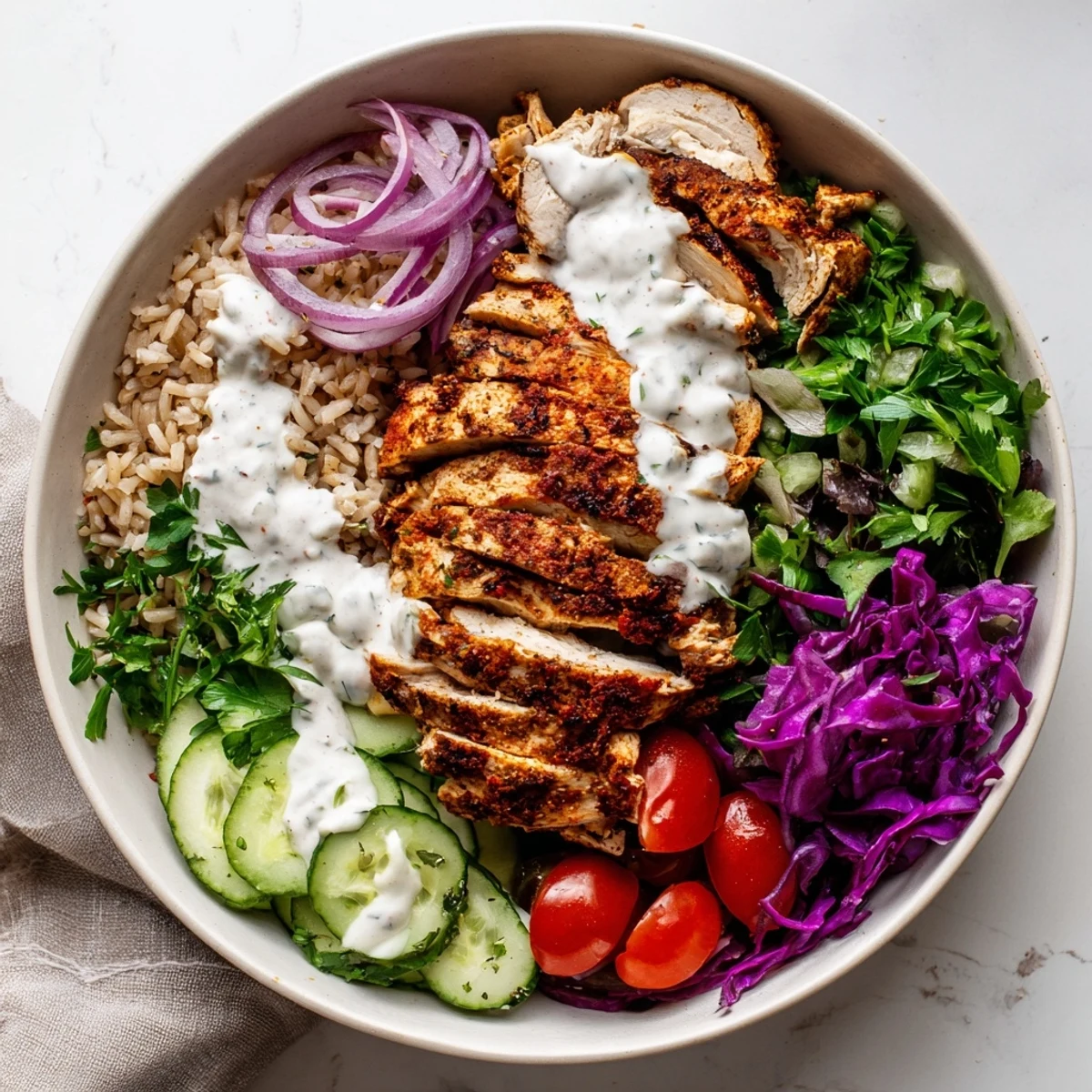 Vibrant Middle Eastern grain bowl packed with spiced grilled chicken fresh vegetables and tangy white sauce