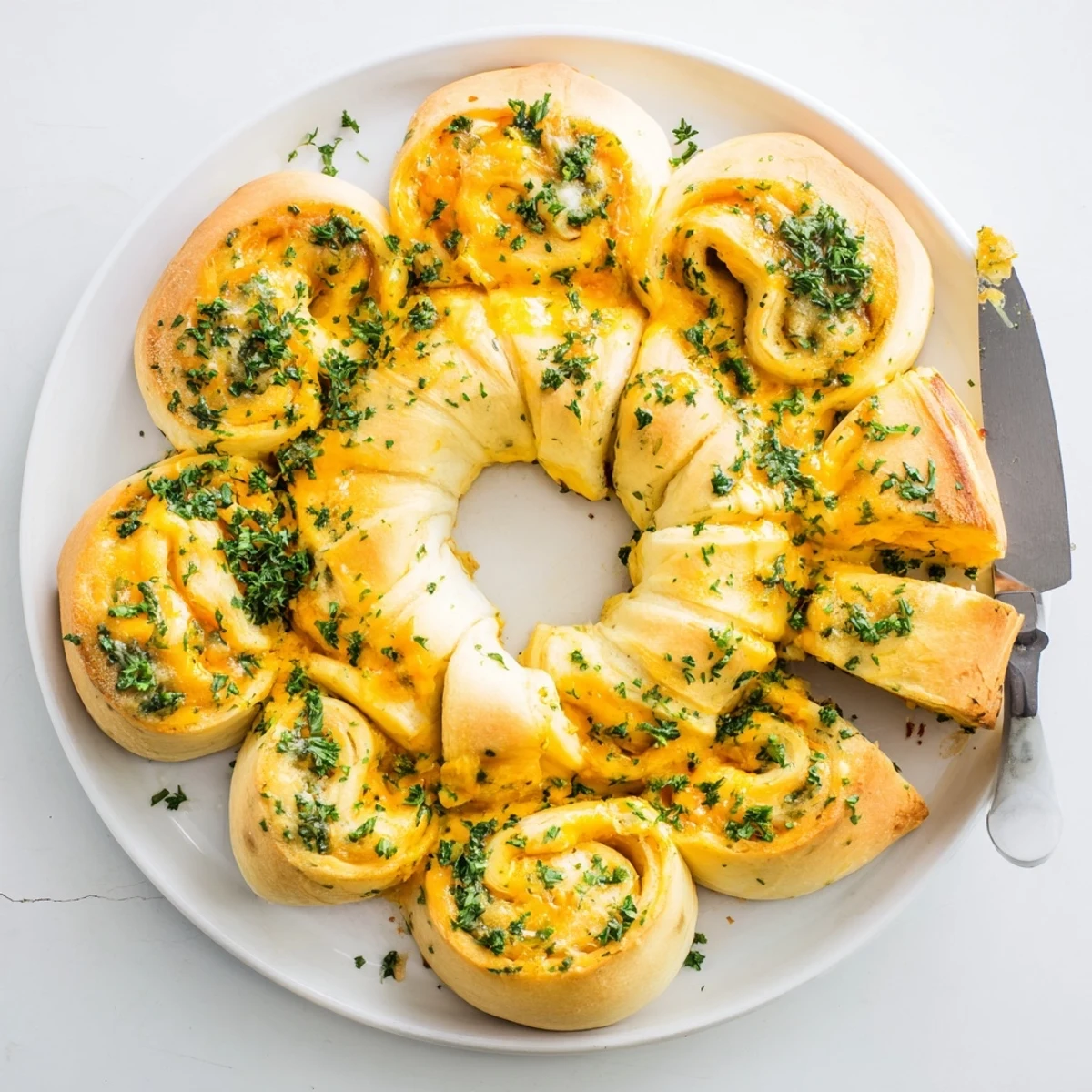 Golden brown cheesy garlic butter rollups fresh from the oven with bubbling melted cheese