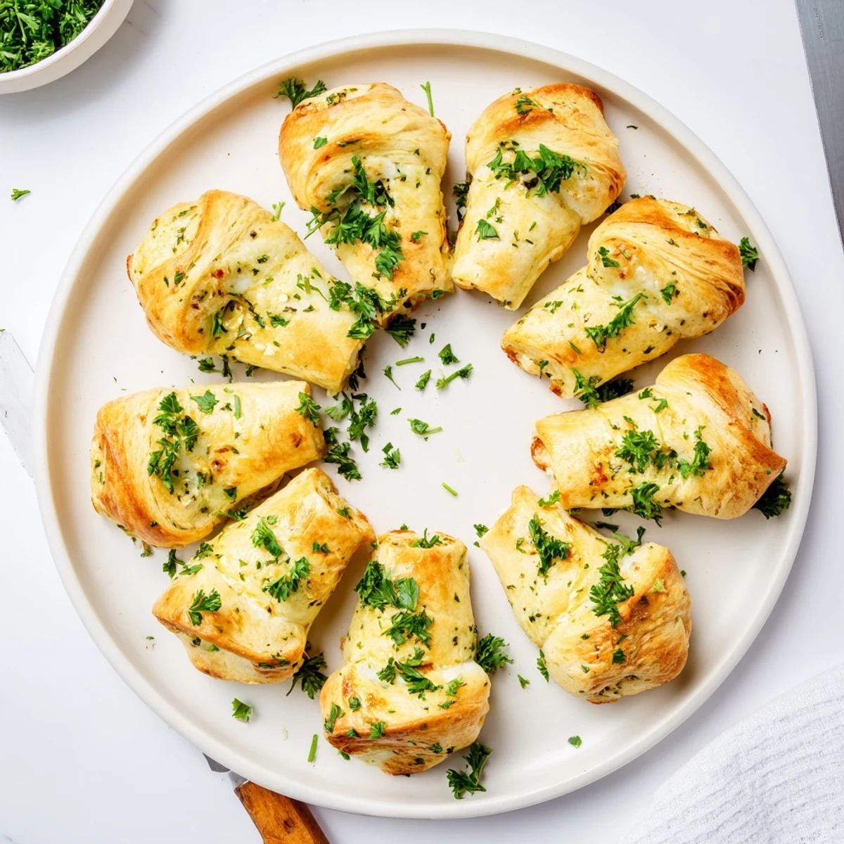 Warm pillowy cheesy garlic butter rollups brushed with rich garlic butter and sprinkled parsley