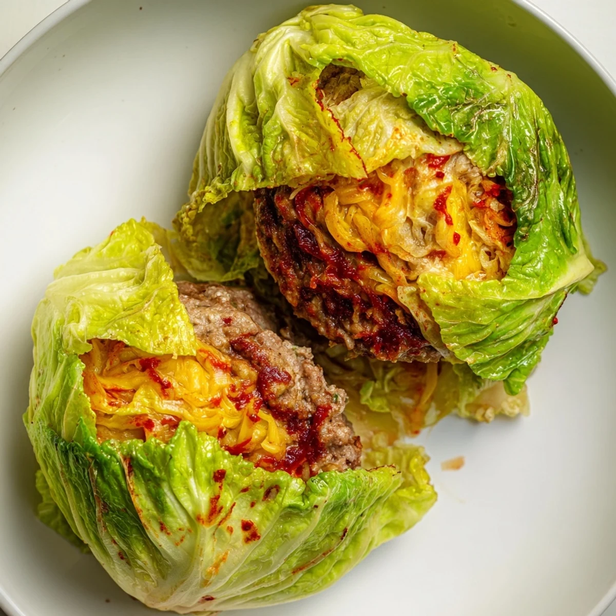 Golden brown oven baked cabbage burger wrapped in tender green cabbage leaves on a white plate