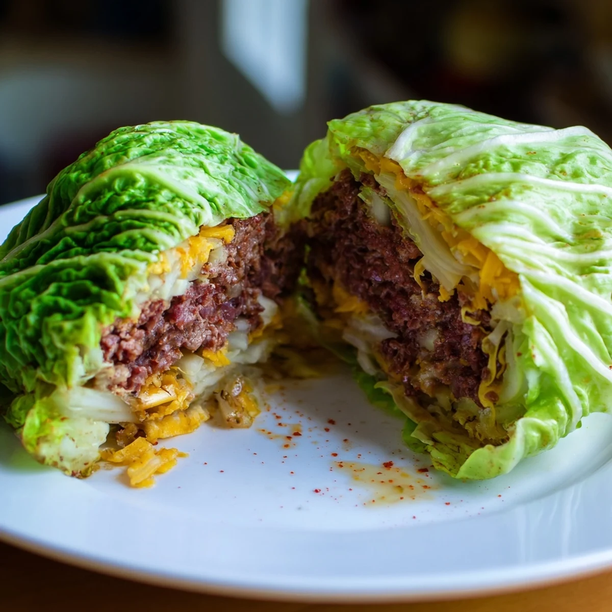 Low carb oven baked cabbage burger served whole with visible cabbage wrapper and meat filling