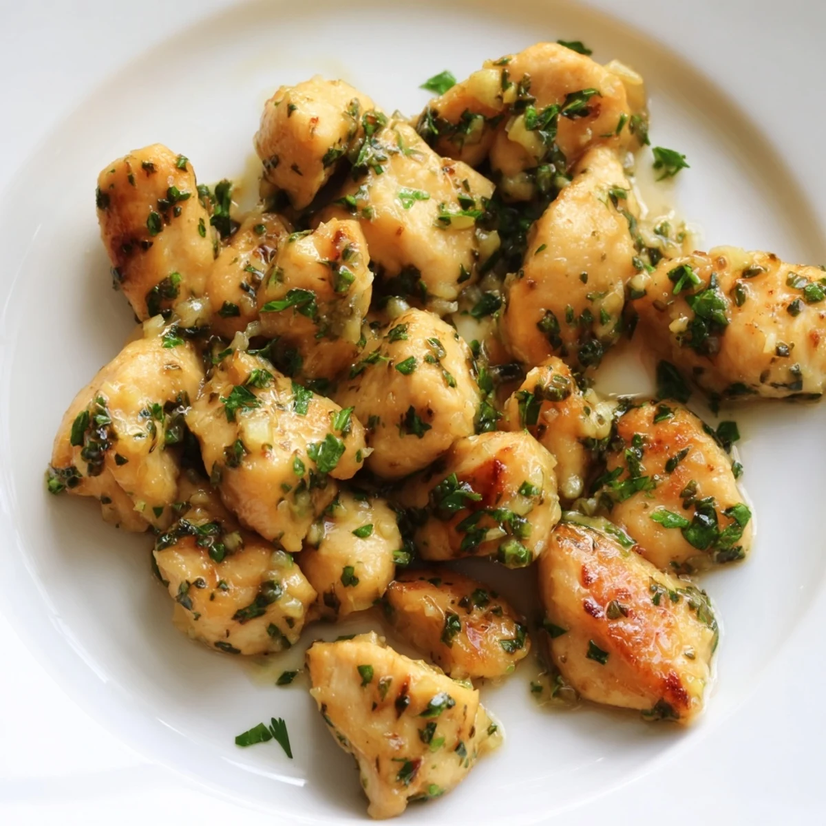 Golden brown garlic butter chicken bites glistening in a rich buttery sauce with fresh parsley