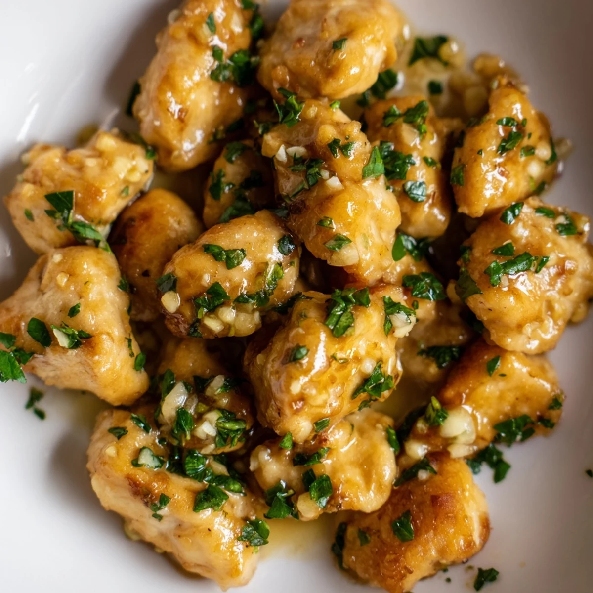 Tender pan-fried chicken pieces swimming in savory garlic butter sauce topped with vibrant green herbs