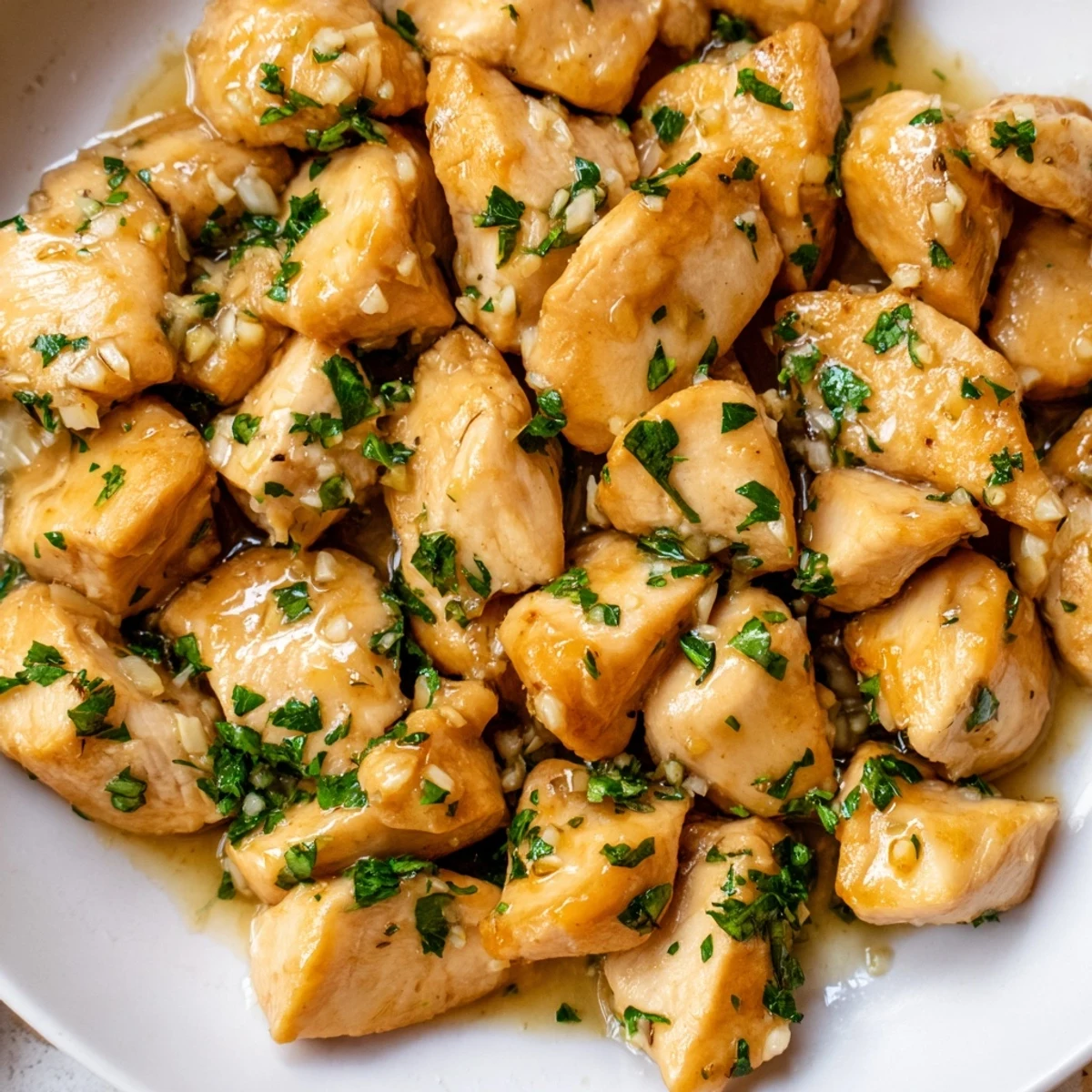 Perfectly browned chicken bites coated in a creamy garlic butter sauce with parsley garnish and lemon
