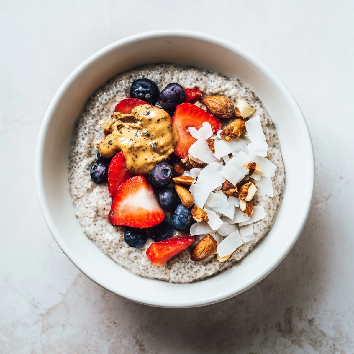 Creamy chia pudding recipes topped with fresh berries and coconut in glass jars