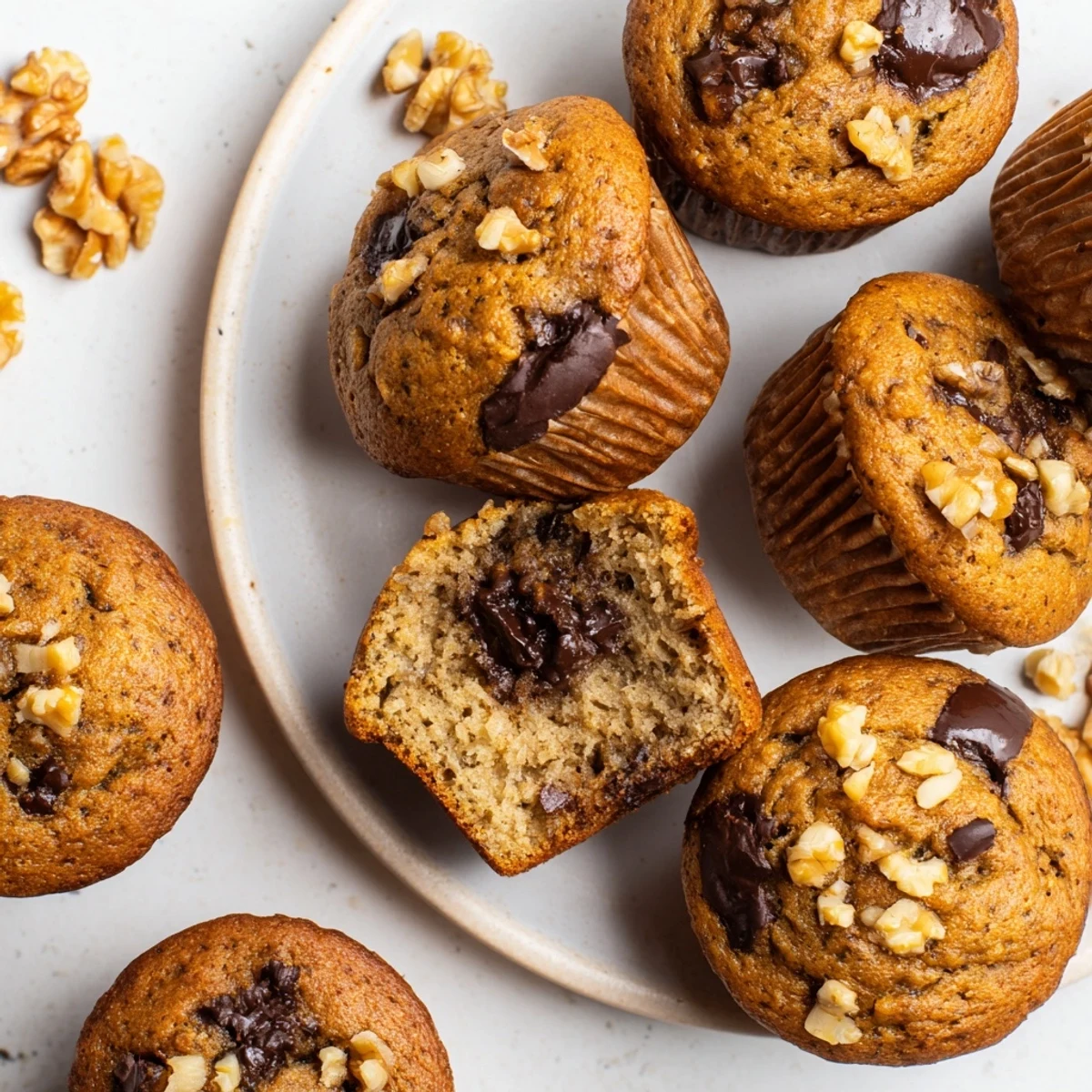 Golden brown healthy banana nut muffins topped with chopped walnuts on a wire cooling rack