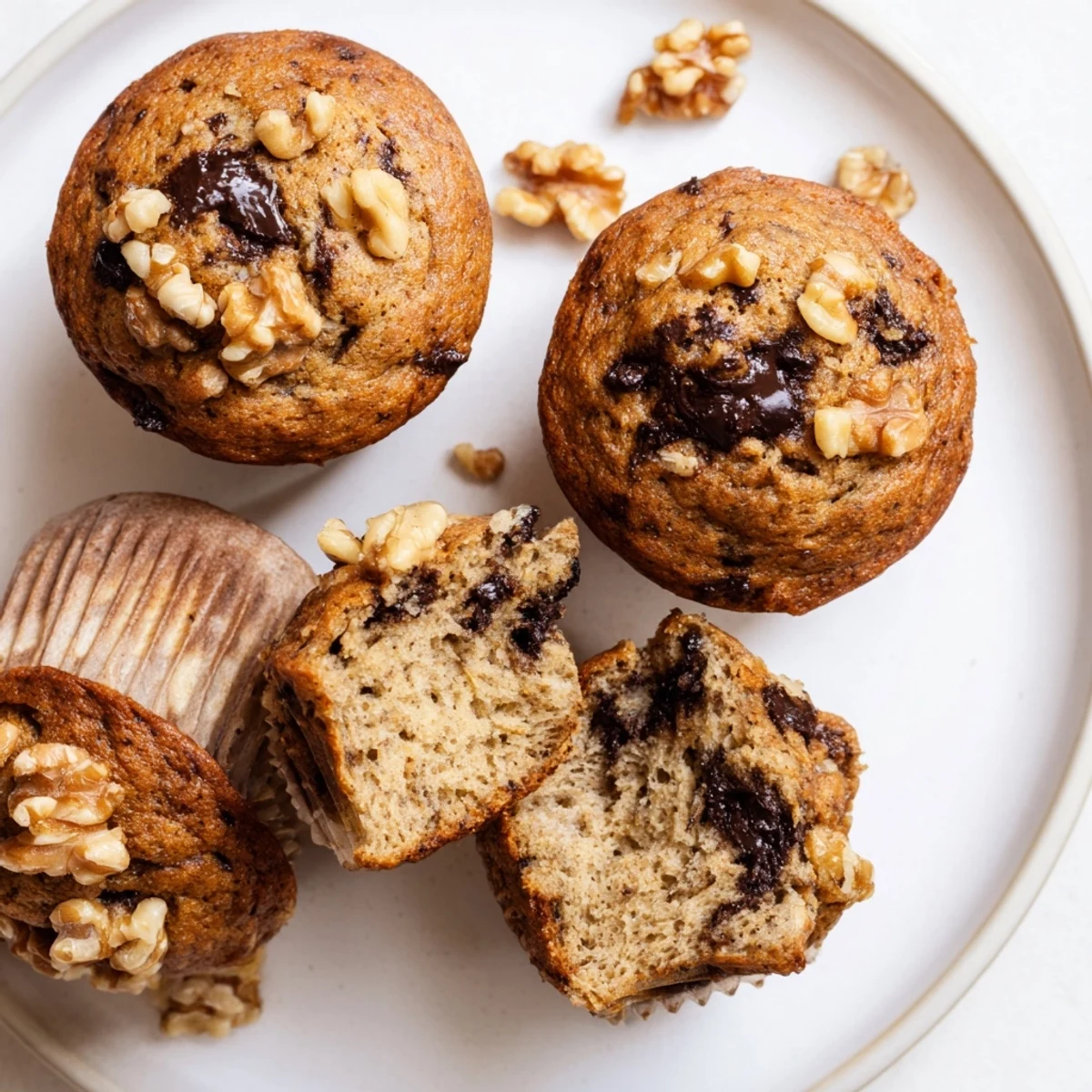 Freshly baked healthy banana nut muffins with golden crusts and banana slices arranged on wooden board