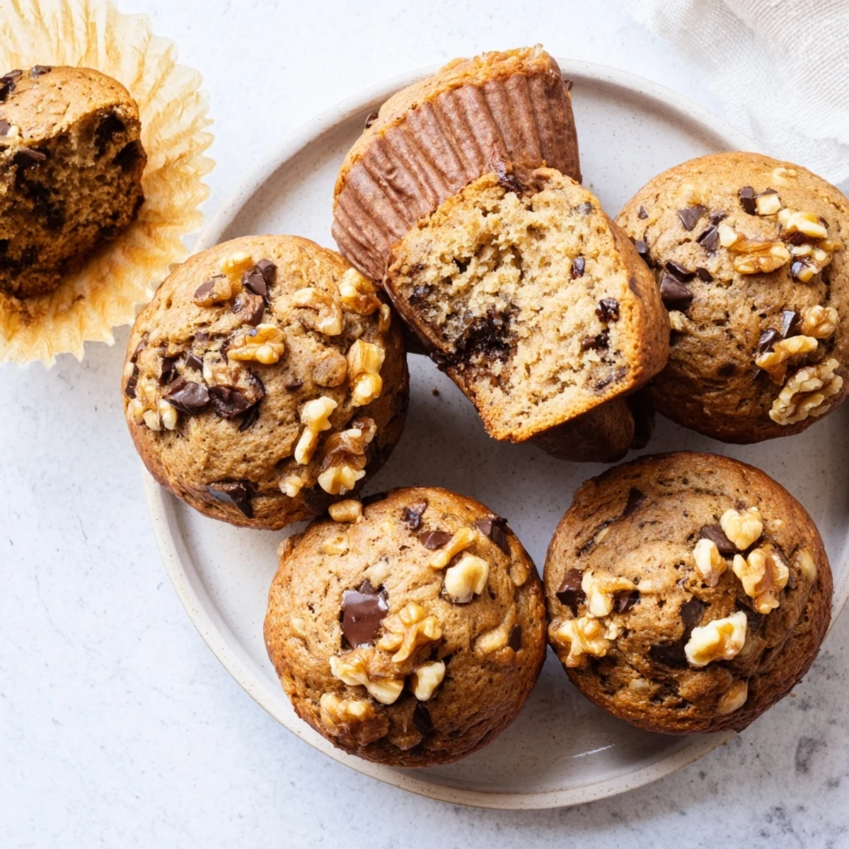 Moist healthy banana nut muffins studded with pecans ready for wholesome breakfast or snacking