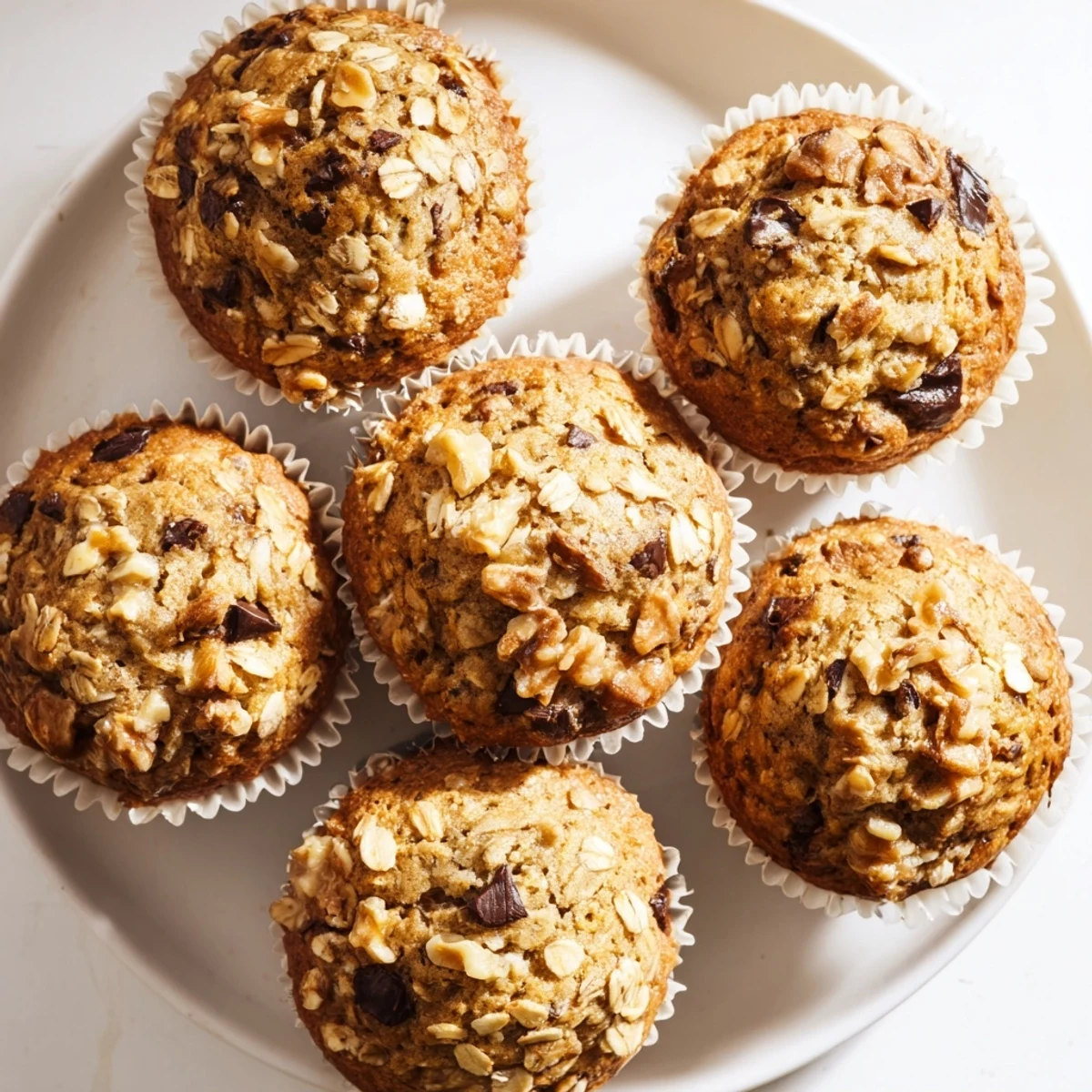 Golden brown banana oatmeal muffins topped with oats on a white wire rack