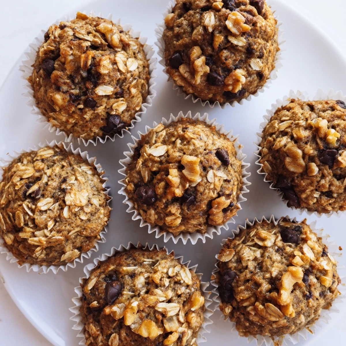 Whole wheat banana oatmeal muffins with chocolate chips on a wooden cutting board