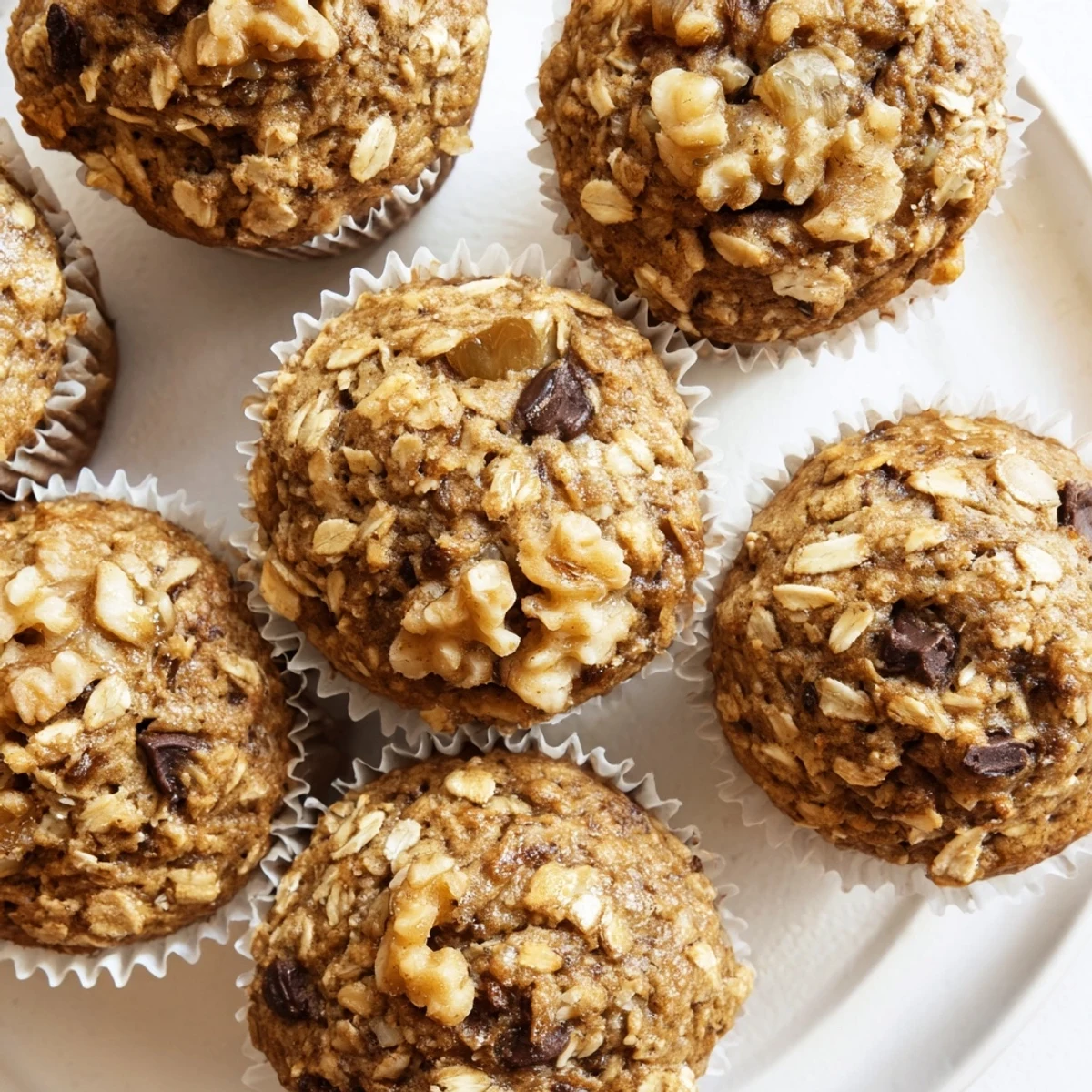 Moist banana oatmeal muffins sprinkled with walnuts fresh from the oven cooling