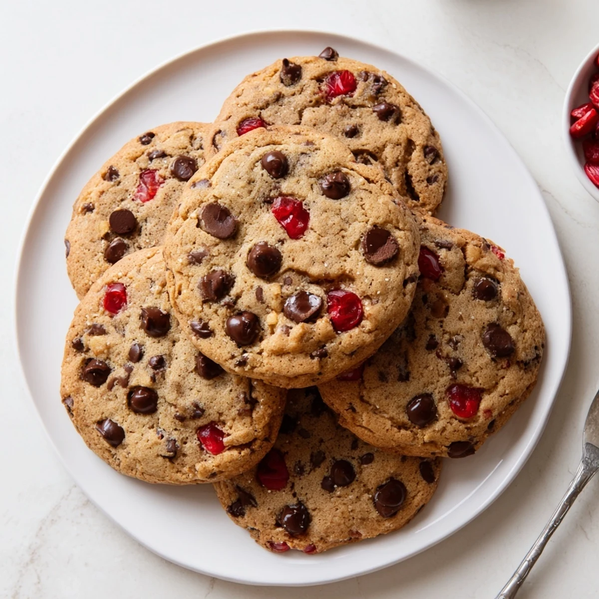Golden brown maraschino cherry chocolate chip cookies on a cooling rack with melty chocolate chunks and bright red cherry bits visible