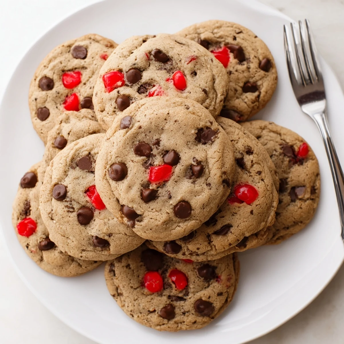 Batch of freshly baked maraschino cherry chocolate chip cookies stacked on a white plate, showing soft centers and crisp golden edges