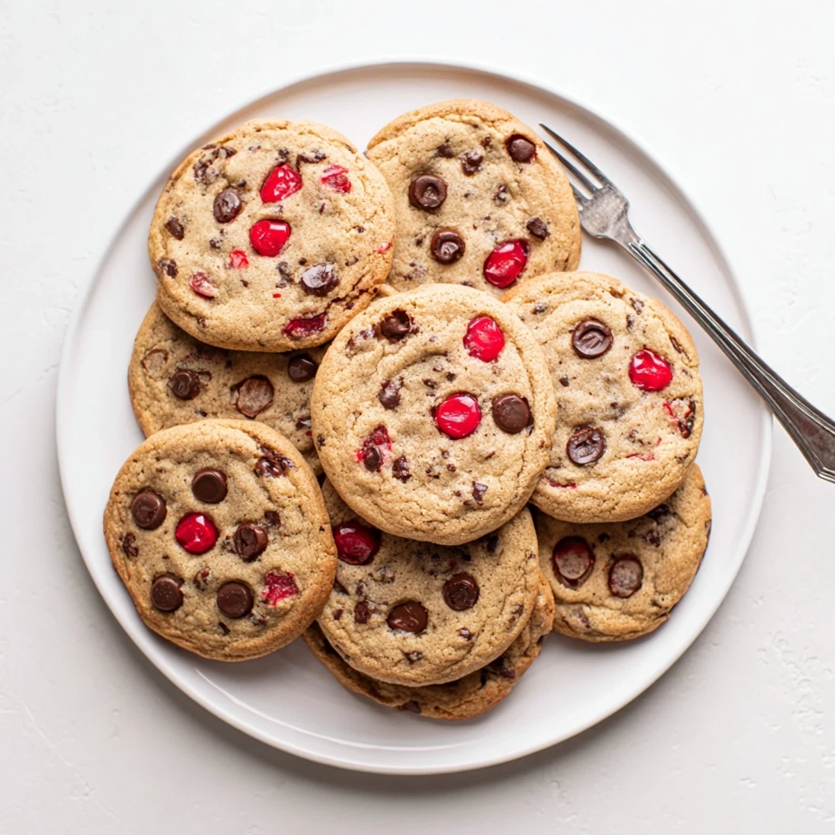 Close-up of soft chewy maraschino cherry chocolate chip cookies featuring scattered semisweet chips and vibrant chopped cherries throughout the dough