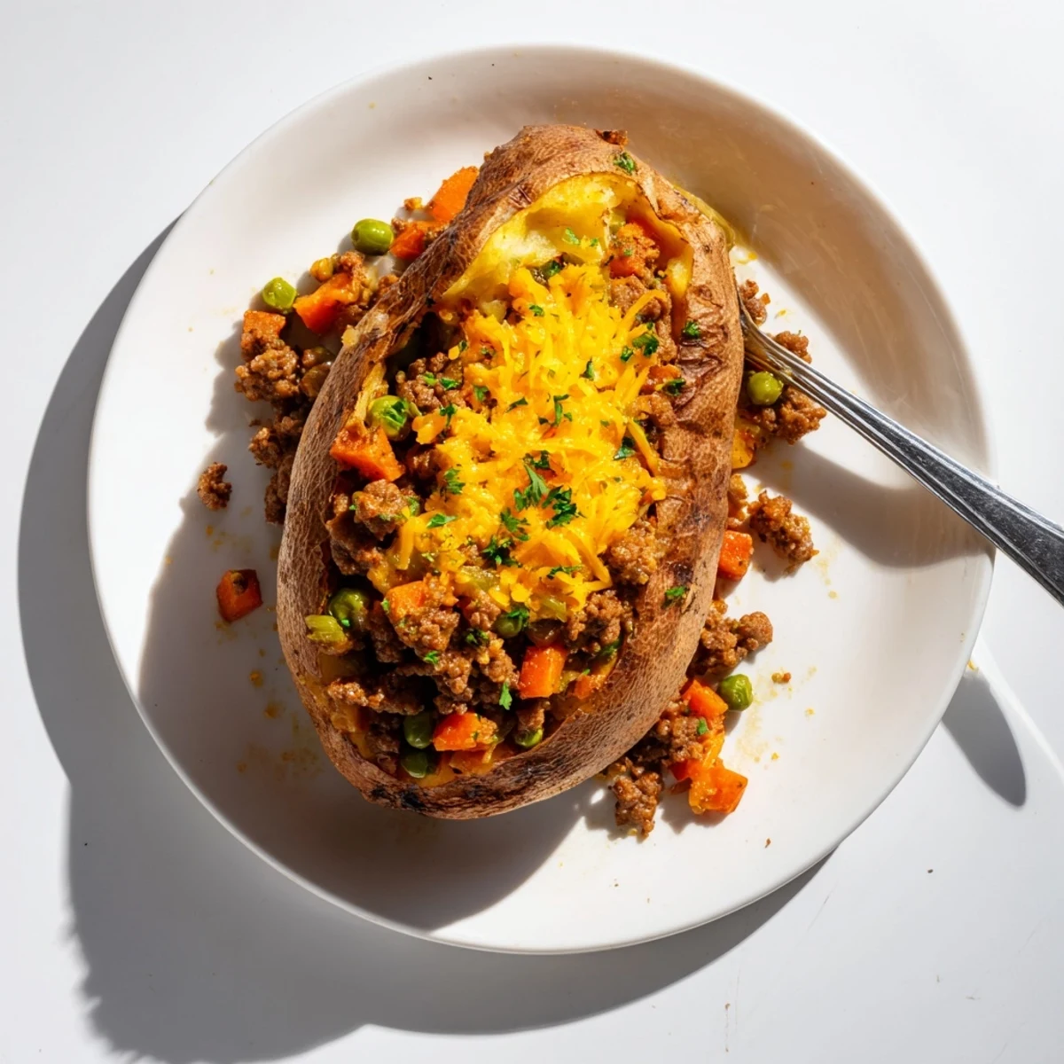Golden shepherd's pie baked potato topped with fluffy mashed crust and fresh parsley