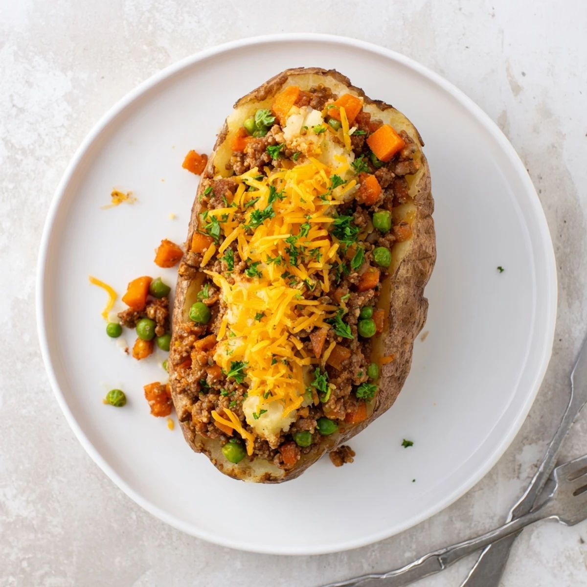Hearty baked potato filled with savory lamb shepherd's pie mixture and creamy mashed topping